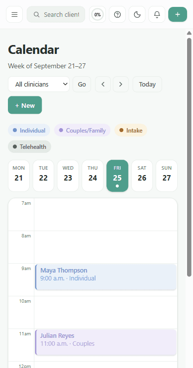 Willow's calendar on a phone, showing one day at a time with a day-picker strip above it